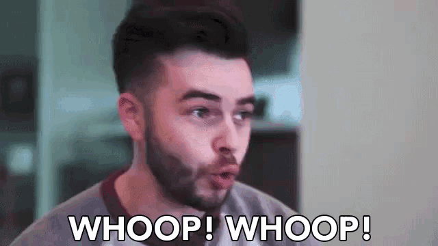 a man with a beard is making a funny face and says `` whoop ! whoop ! ''