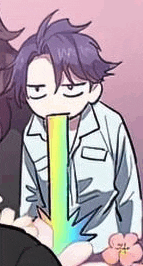 a cartoon boy with purple hair is smoking a rainbow pipe .