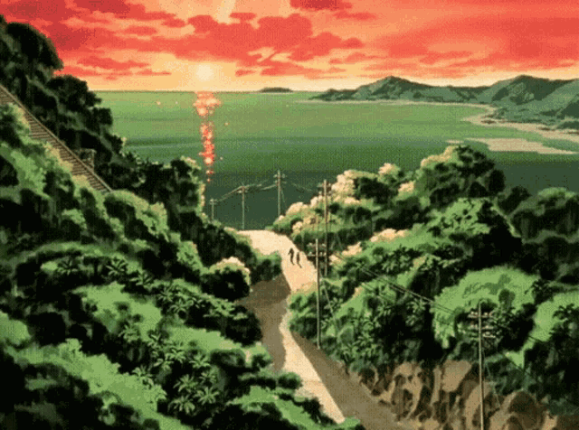 a painting of a road leading to the ocean