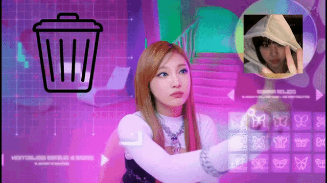 a woman sitting in front of a screen with a trash can and a picture of a girl in a hoodie