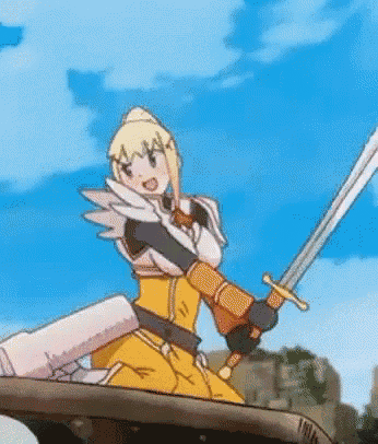 a cartoon girl is holding a sword while sitting on a ledge .