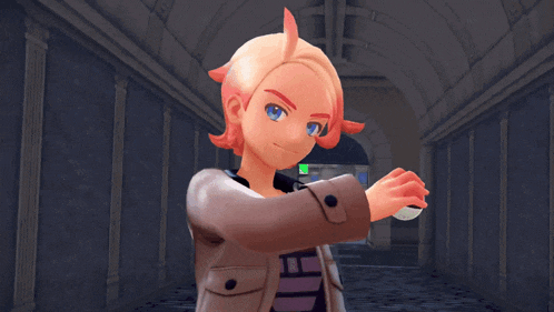 a cartoon character with blonde hair and blue eyes stands in a hallway