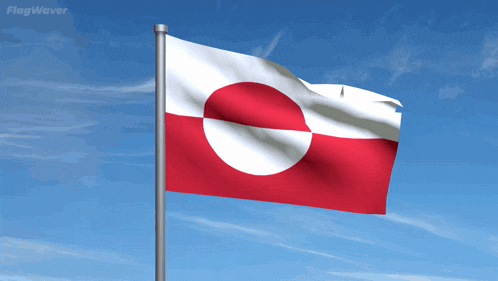 a red and white flag with a circle in the middle is waving in the wind