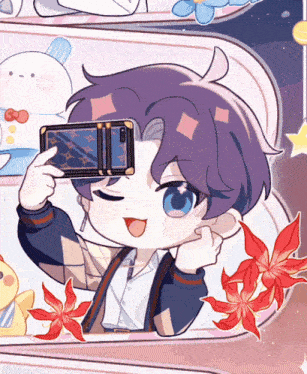 a drawing of a boy taking a selfie with a louis vuitton camera
