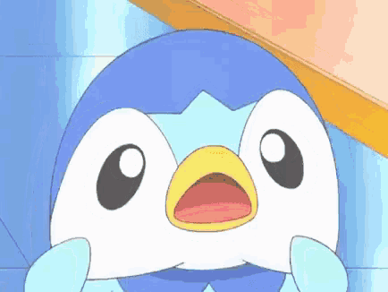 a blue penguin with a yellow beak is making a surprised face .