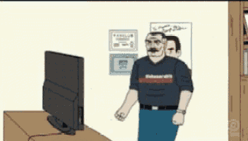 a man with a mustache is standing in front of a television ..