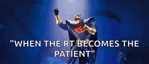 a man in a superhero costume is dancing in front of flames with the words " when the rt becomes the patient "