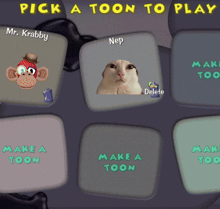 a screen that says " pick a toon to play " on top