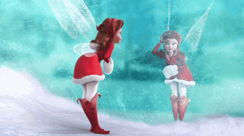 a fairy in a red dress looks at her reflection in the mirror