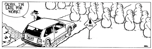 a calvin and hobbes cartoon shows a car driving down a hill