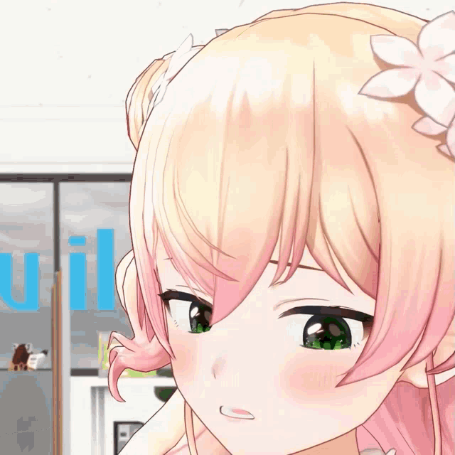 a girl with a flower in her hair is standing in front of a window that says uil