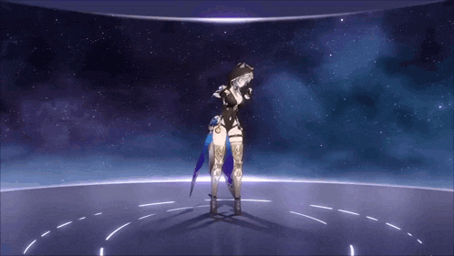 a cartoon character is dancing in a circle with a sword in her hand .