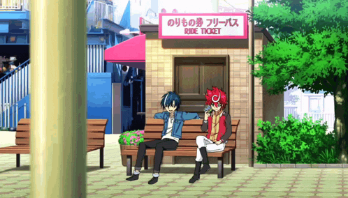 two anime characters are sitting on a bench in front of a ride ticket booth