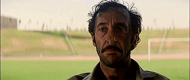 a man with a beard is looking at the camera in front of a soccer field .