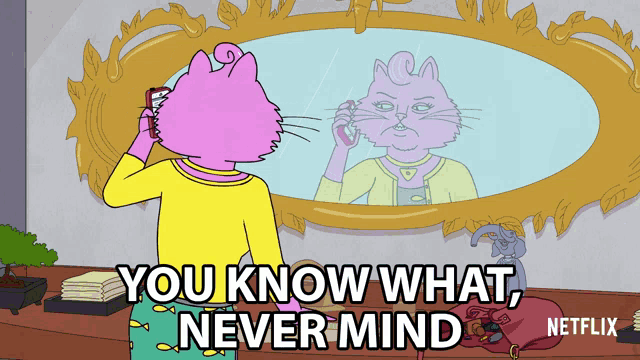 a cartoon of a cat looking at herself in a mirror with the words you know what never mind