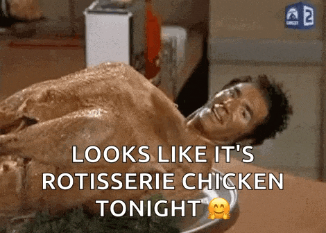 a man is laying in a bathtub covered in chicken and the caption looks like it 's rotisserie chicken tonight .