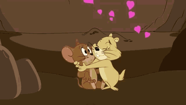 two cartoon characters are hugging each other in a cave