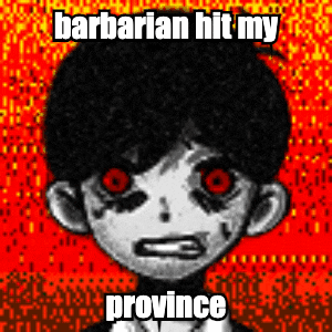 a cartoon of a boy with red eyes and the words `` barbarian hit my province ''