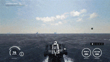 a video game screen shows a boat with 76 knots in the water