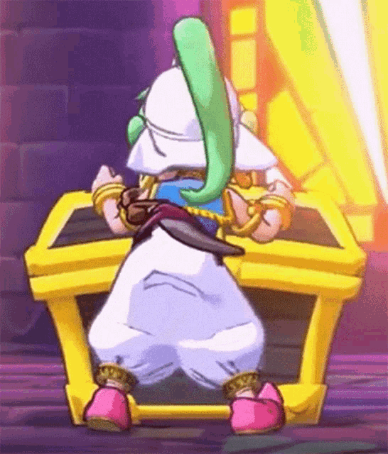 a cartoon character with green hair is standing next to a yellow chest .