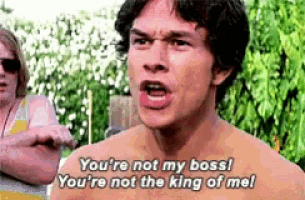 a shirtless man is saying you 're not my boss and you 're not the king of me