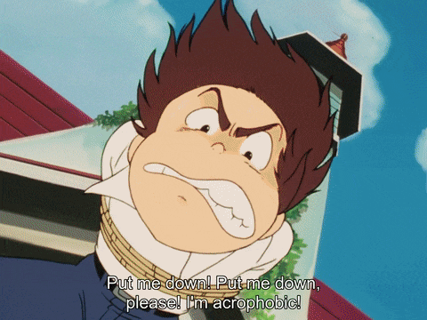 a cartoon character with a rope around his neck says put me down please i 'm acrophobic