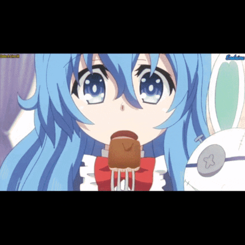 a girl with blue hair is eating a candy bar