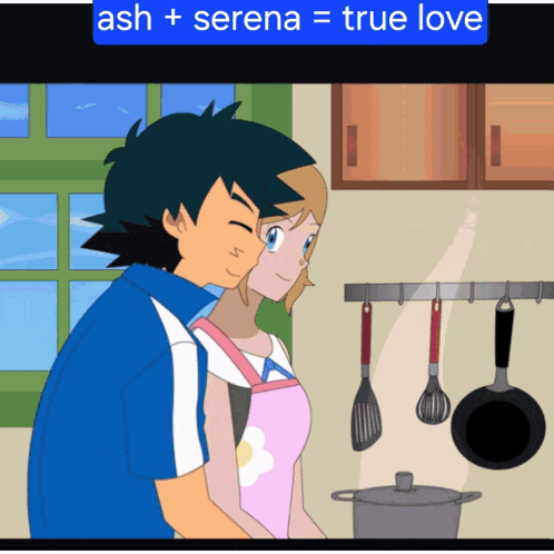 a cartoon of ash and serena in the kitchen