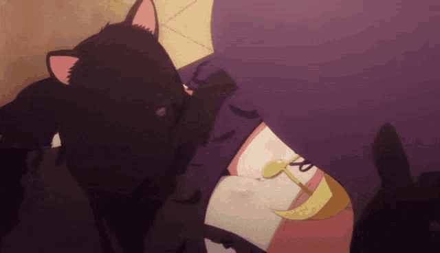 a black cat with pink ears is standing next to a person in a purple shirt