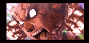 a close up of a cartoon character 's face with its mouth open