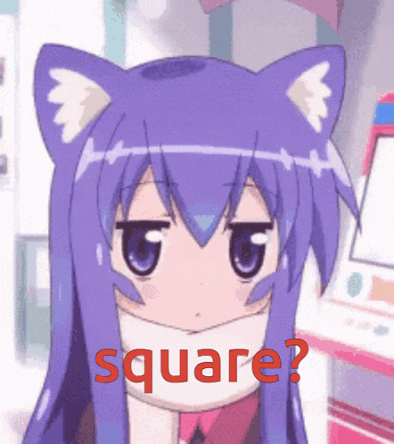 a cat girl with a scarf around her neck has the word square written in red
