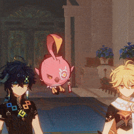 three anime characters are standing next to each other in a room with a pink bunny in the background