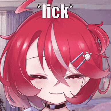 a close up of a red haired anime girl with the word lick on top