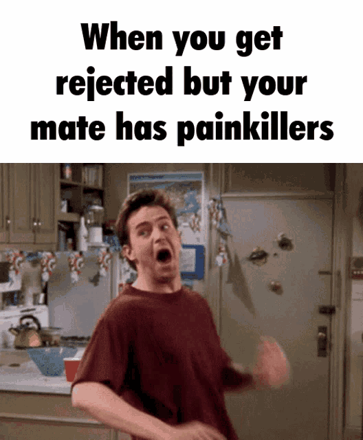 a man in a kitchen with the words " when you get rejected but your mate has painkillers " above him