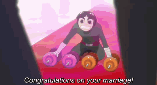 a cartoon character is holding dumbbells and says `` congratulations on your marriage ! ''