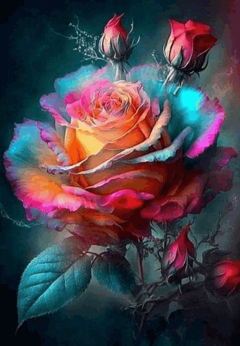 a painting of a colorful rose with a dark background .