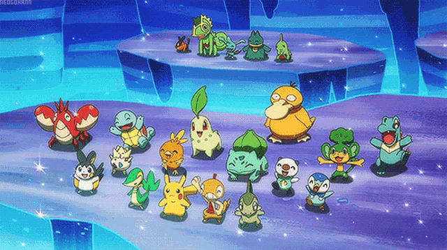 a group of pokemon are gathered together on a stage with a blue background