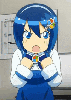 a girl with blue hair is wearing a blue apron with a windows logo on it