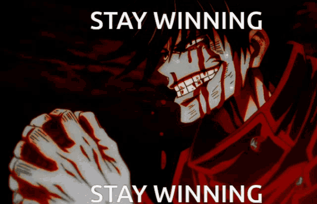 a poster with a man screaming and the words stay winning on it