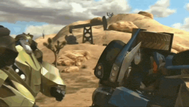 a cartoon drawing of a robot in a desert with a sign that says ' i 'm sorry ' on it