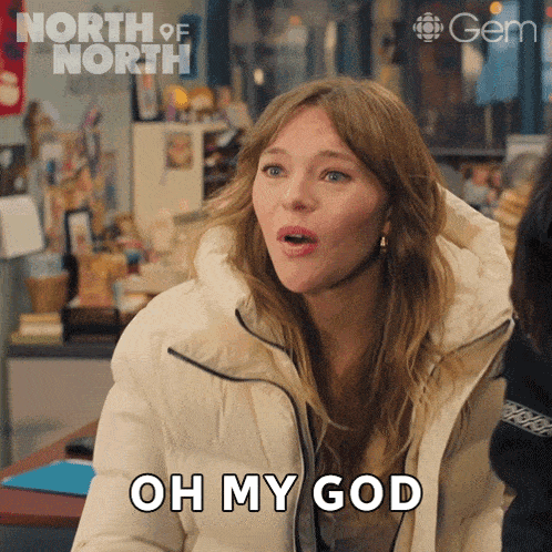 a woman says oh my god in front of a north of north logo