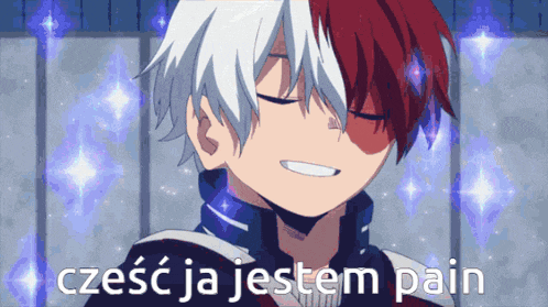 a boy with red and white hair is smiling and says " cześć ja jestem pain " in a foreign language