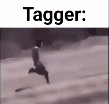 a black and white photo of a person running with the words tagger on the bottom