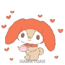 a cartoon of a rabbit holding a teapot with hearts surrounding it .