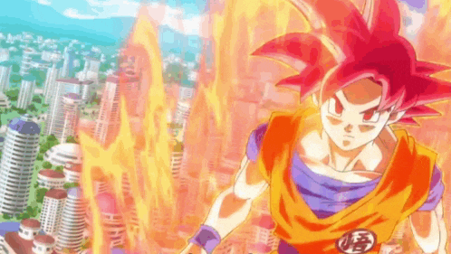 a cartoon character with red hair and a blue shirt is standing in front of a city .