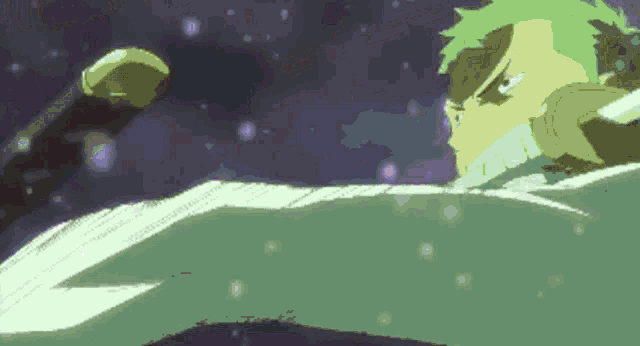 a pixel art of a man with green hair and a sword
