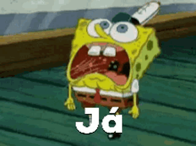 spongebob squarepants is standing on a wooden floor with his mouth open and the words `` ja '' written on it .