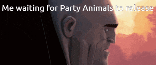 a cartoon of a bald man with the words " me waiting for party animals to release "