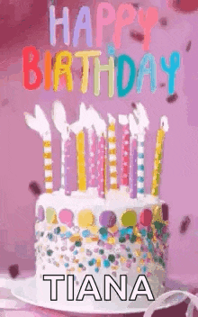 a birthday cake with candles and sprinkles on it and the words `` happy birthday tiana '' .