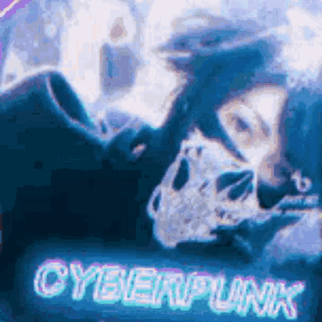 a picture of a person wearing a gas mask with the word cyberpunk written on it .